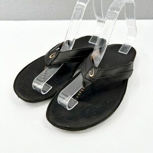 OluKai Haiku Elua Black Leather Sandals Toe Post Womens 9 EUR 39 Flip Flops Etch